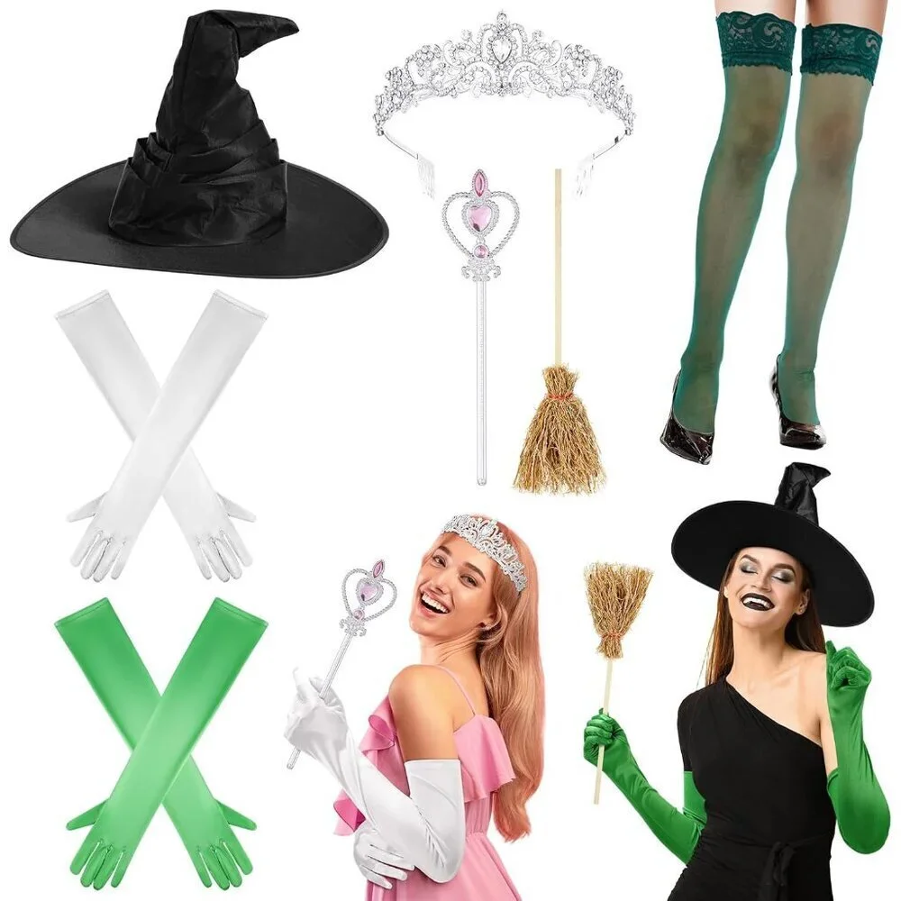 Costume Accessories Set for Women Witch Crown Gloves Wand Broom Stockings
